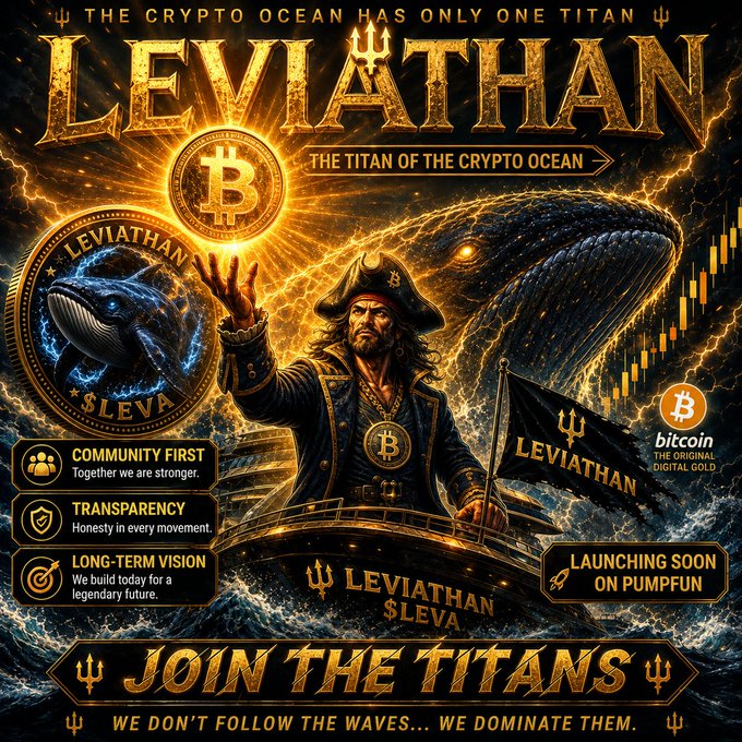 A promotional graphic titled 'LEVIATHAN' advertises a cryptocurrency token called '$LEVA', featuring a pirate, a giant whale, Bitcoin imagery, and text including 'THE CRYPTO OCEAN HAS ONLY ONE TITAN' and 'JOIN THE TITANS'.