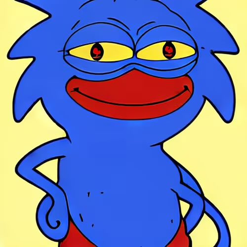 A crudely drawn cartoon character with blue fur, yellow eyes with red pupils, and a wide red smile stands against a yellow background.