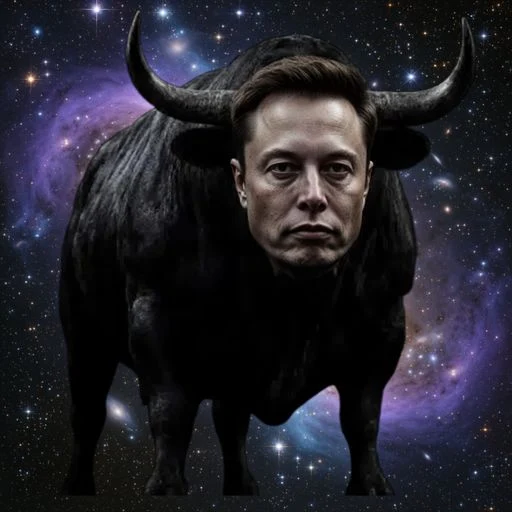 A surreal digital artwork depicts Elon Musk's face merged onto a massive black bull with imposing horns, set against a cosmic backdrop of stars and purple nebulae — visually representing the meme's "Space Bull" persona and celebrating Musk's birthday alongside the launch of the $ELON token.