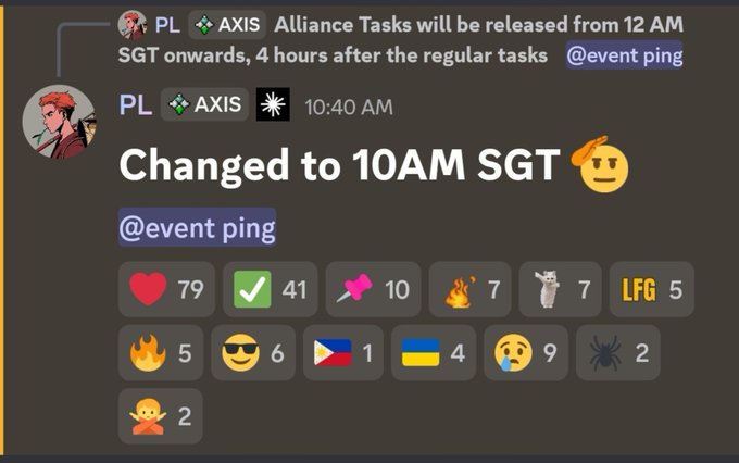 A Discord message from PL announcing 'Alliance Tasks will be released from 12 AM SGT onwards' later changed to '10AM SGT', with various emoji reactions.