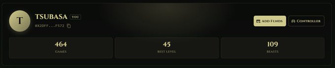 A user profile card showing the username 'TSUBASA' with a YouTube logo, '0X20FF...F572' ID, 'ADD FUNDS' and 'CONTROLLER' buttons, and stats showing 464 GAMES, 45 BEST LEVEL, and 109 BEASTS.