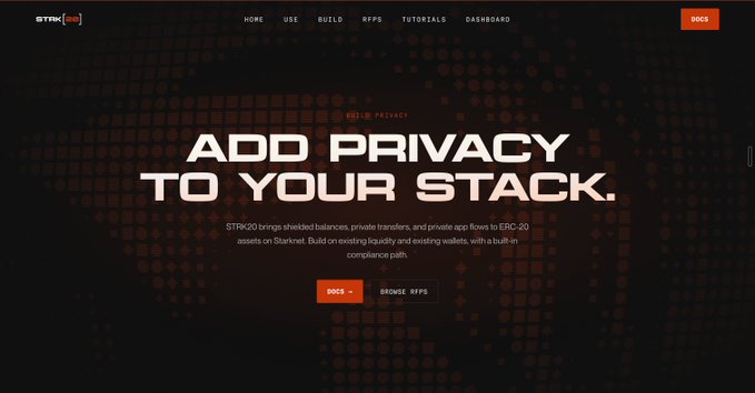 Website header for STRIKE (STRK) with the tagline 'ADD PRIVACY TO YOUR STACK' and navigation links for HOME, USE, BUILD, APPS, TUTORIALS, DASHBOARD, and DOCS.