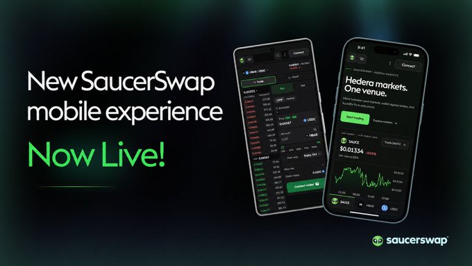 A promotional graphic advertises the 'New SaucerSwap mobile experience Now Live!' showing two smartphones displaying the SaucerSwap cryptocurrency trading app interface.