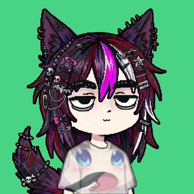 A stylized cartoon character with dark purple and pink hair, cat ears, skull hair clips, and a 'PUNK' hairpin wears a white shirt against a bright green background.