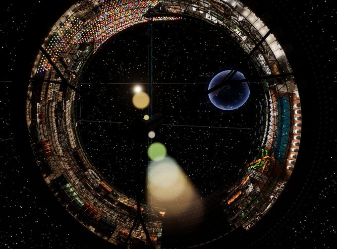A sci-fi illustration depicting a large ring-shaped space station framing a view of space, with a sun, a planet, and lens flares visible through the center.