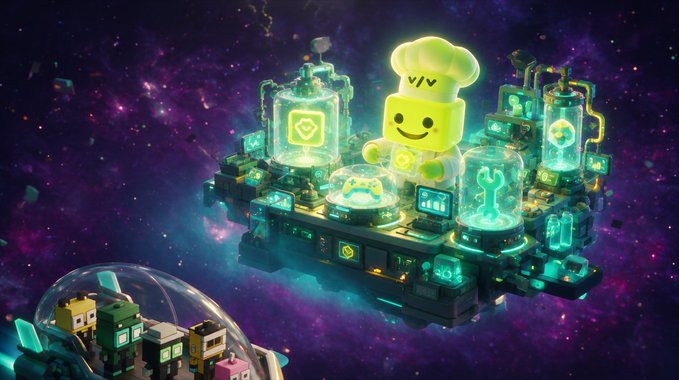 A digital illustration of a glowing yellow LEGO minifigure wearing a chef's hat, surrounded by futuristic floating structures with glowing green screens in a purple space environment.
