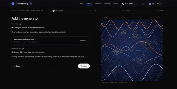 A screenshot of the "Forever Library" application interface showing an "Add the generator" page with options for "Code you upload" and a preview of a generative seed displaying undulating, colorful lines.