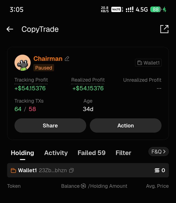 A screenshot of a mobile app's CopyTrade screen showing a paused 'Chairman' tracker with +$54.15376 tracking profit, 64/58 tracking TXs, 34d age, and a 88% battery indicator at 3:05.