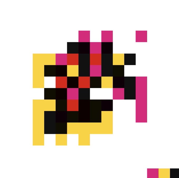 A pixel art illustration featuring a scattered arrangement of yellow, pink, red, black, and white squares forms an abstract design resembling a stylized character or creature. The image relates to the post "Looksrare." by evoking the playful, crypto/NFT-inspired aesthetic often associated with the LooksRare marketplace branding.
