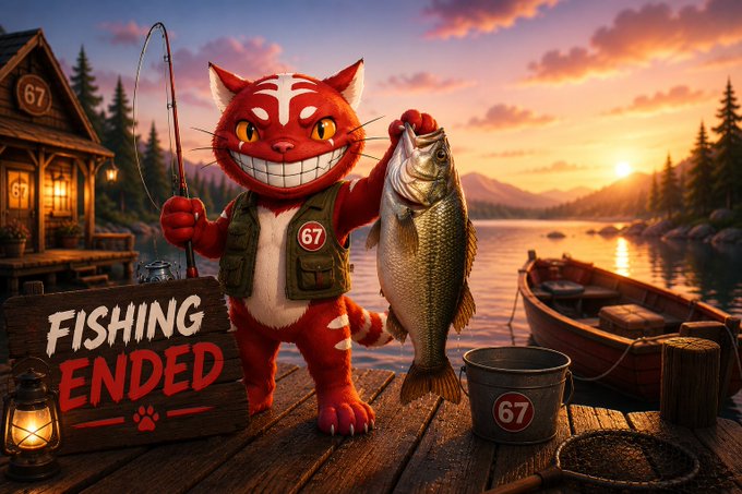 A 'FISHING ENDED' graphic featuring a red and white cat character in fishing gear proudly holding up a large bass at sunset.