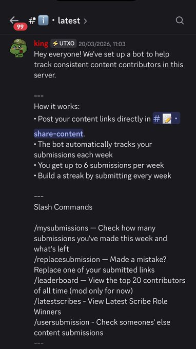 A Discord message screenshot from 'king' via UTXO bot explains a new system for tracking content contributors in a server, listing slash commands like /mysubmissions, /leaderboard, and /latescribes.