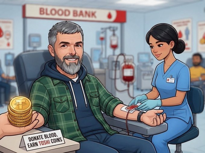 An illustration of a man donating blood at a 'BLOOD BANK' with a placard reading 'DONATE BLOOD, EARN TOSHI COINS' and a stack of Toshi cryptocurrency coins.
