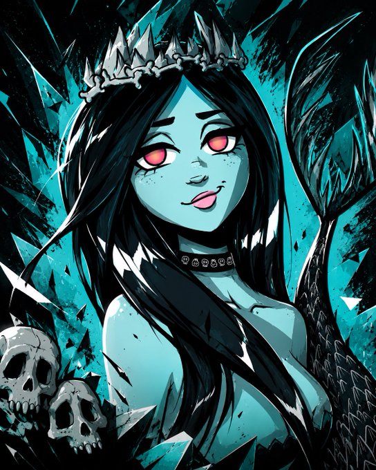 A stylized digital illustration of a blue-skinned female character with glowing red eyes, a spiked crown, and black hair, set against a shattered teal background with skulls at the bottom.