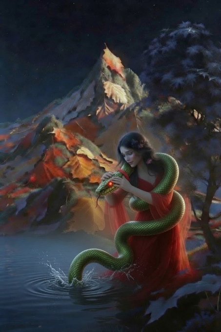 A digital painting of a woman in a red dress standing in water with a large green snake, set against a backdrop of mountains and pine trees.