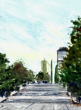 A watercolor painting showing a tree-lined street or path leading toward distant buildings under a soft sky.