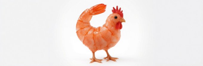 The image features a chicken-shaped object made of shrimp, standing upright against a white background. The text "chickenshrimp" is written above the chicken figure, while "solana/C3HAJo5" is below it. This suggests that the image might be related to an advertisement or promotional content for a product or service named "chickenshrimp."