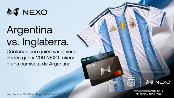 A promotional image for Nexo featuring the Argentina national soccer team jersey alongside a Nexo Card, advertising a giveaway where fans can win 200 NEXO tokens or an Argentina jersey by activating the Nexo Card between July 8-19. The text reads "Argentina vs. Inglaterra. Contanos con quién vas a verlo. Podés ganar 200 NEXO tokens o una camiseta de Argentina," with Nexo identified as "SPONSOR REGIONAL DE LA SELECCIÓN ARGENTINA."