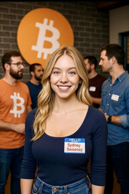 A smiling young woman wearing a "HELLO Sydney Sweeney" name tag stands in front of a large Bitcoin logo, with a Bitcoin-themed t-shirt visible nearby.