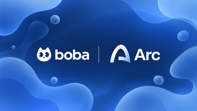 Promotional banner with a blue abstract background displaying the logos for 'boba' and 'Arc' side by side, separated by a vertical divider.