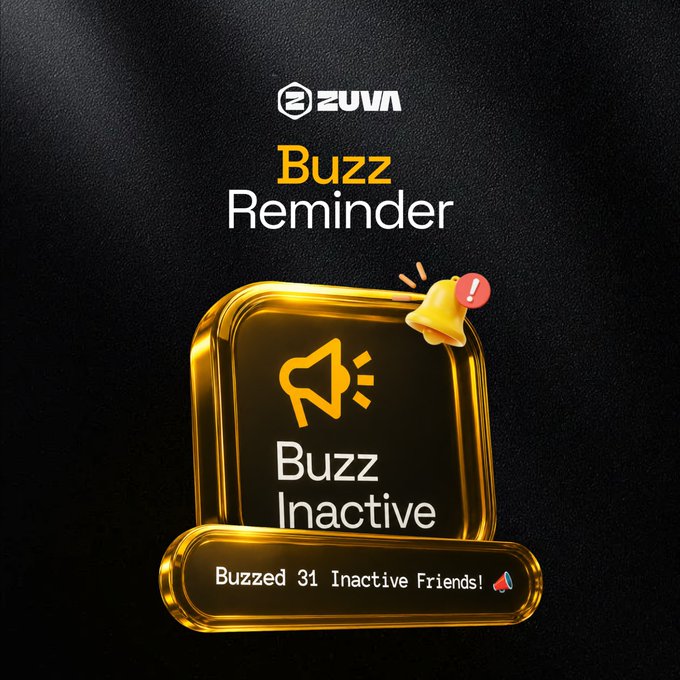 The image is a promotional graphic for the "Buzz Reminder" feature by ZUVA, featuring a gold-framed app display with a megaphone icon and bell notification, showing "Buzz Inactive" with a message reading "Buzzed 31 Inactive Friends!" accompanied by a megaphone emoji. It visually reinforces the post's call to action, encouraging users to utilize the live BUZZ feature to re-engage their dormant referrals with just one tap.