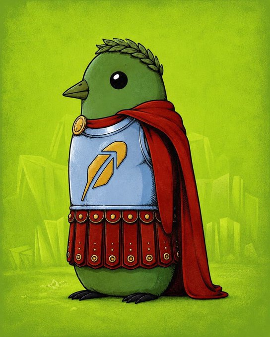 A cute cartoon illustration of a green bird wearing a Roman soldier outfit with a laurel wreath, red cape, and armor featuring a yellow lightning bolt symbol.