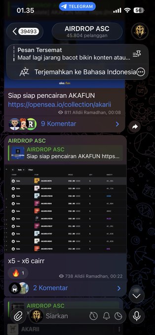 A Telegram channel screenshot for "AIRDROP ASC" showing messages about an upcoming "pencairan AKAFUN" mint, with an OpenSea link and a leaderboard listing token rankings.