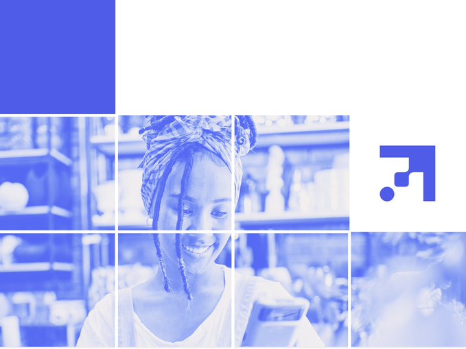 The image shows a smiling woman wearing a headwrap, using a smartphone, overlaid with a blue tint and a grid pattern, alongside a blue square logo featuring a stylized "R" symbol with a dot. This visually complements the post about Rootstock Infrastructure Framework ($RIF), suggesting real-world adoption and user-friendly accessibility of their Bitcoin-scaling blockchain infrastructure, as the person appears to be engaging with decentralized tools in a casual setting.