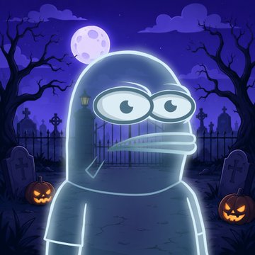 A cartoon ghost with glasses stands nervously in a graveyard at night under a full moon, surrounded by jack-o'-lanterns.