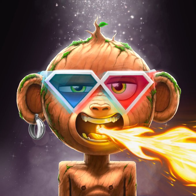 A cartoon monkey character with 3D-style red and cyan glasses breathes a stream of orange fire from its mouth against a starry purple background.