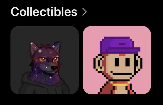 A digital interface displays a 'Collectibles' section featuring pixel-art icons of a purple dog in a hoodie and a person wearing a purple hat.