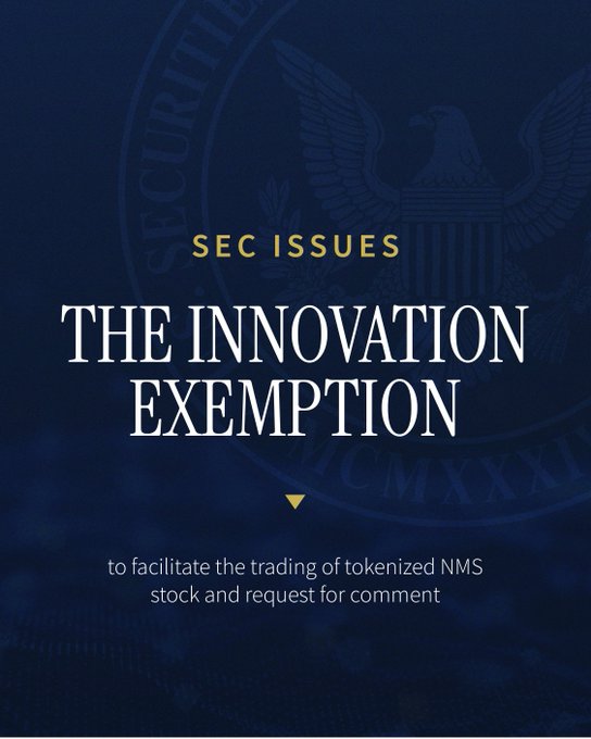 The image displays a dark navy graphic featuring the SEC seal in the background, with prominent text reading "SEC ISSUES THE INNOVATION EXEMPTION" in white and gold, followed by the subtitle "to facilitate the trading of tokenized NMS stock and request for comment." This visually represents the SEC's regulatory green light for tokenized stock trading, which relates to the accompanying post about $HYPE receiving approval to potentially surge past $100+.
