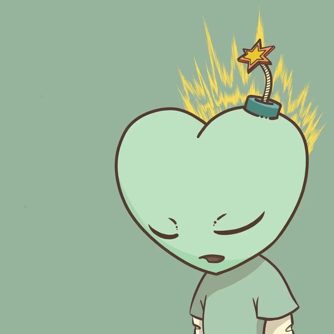 A cute illustration of a green heart-headed cartoon character with closed eyes and a small mouth, sporting a lit bomb with a star-shaped fuse on top of its head against a teal background.