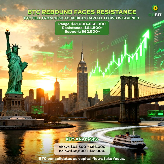 A financial infographic overlaid on a New York skyline featuring the Statue of Liberty, Brooklyn Bridge, and Empire State Building at sunset, with green candlestick charts and trading data displayed. Key text reads: "BTC REBOUND FACES RESISTANCE — BTC FELL FROM $65K TO $63K AS CAPITAL FLOWS WEAKENED," with a range of $61,000–$66,000, resistance at $64,500+, support at $62,500, and key analysis noting BTC consolidation amid capital flow focus, branded by ODBIT. The image visually reinforces the post's theme of weakening Bitcoin momentum driven by ETF outflows and shifting capital flows in the broader crypto market.