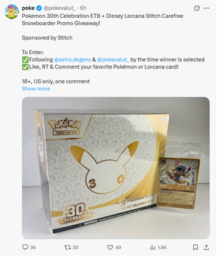 A sponsored giveaway tweet from poke (@pokevault_) for a Pokemon 30th Celebration ETB (Elite Trainer Box) plus Disney Lorcana Stitch Carefree Snowboarder Promo, requiring users to Follow, Like, RT, and Comment.