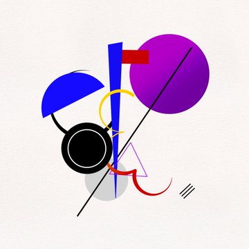 An abstract composition featuring geometric shapes in blue, purple, black, yellow, and red on a light gray background, with various lines intersecting the forms.