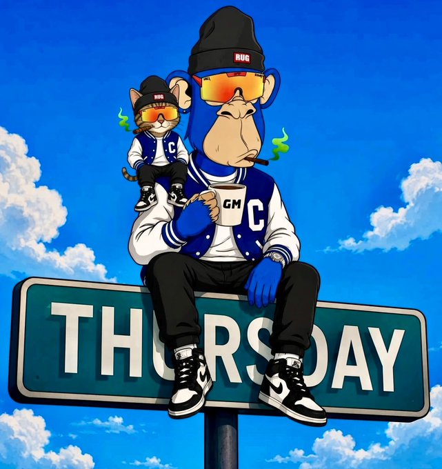 A digital illustration of a blue monkey character wearing a beanie labeled 'RUG', orange sunglasses, and a varsity jacket with 'GM' and 'C' patches, sitting on a road sign that reads 'THURSDAY' while holding a 'GM' mug, with a smaller cat-like version of the character on its shoulder.