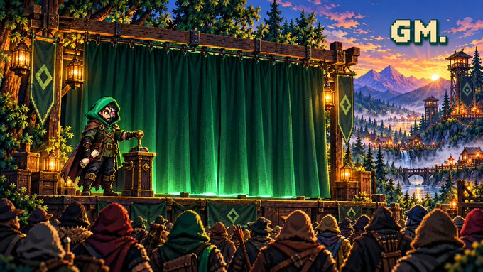 A pixel art scene depicts a hooded figure on a stage with a green curtain addressing a crowd, with 'GM.' text visible in the sky.