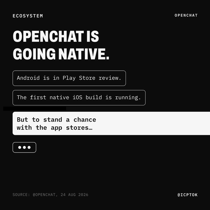 A tweet from @OpenChat dated August 24, 2026 announces "OPENCHAT IS GOING NATIVE," noting that the Android version is in Play Store review and the first native iOS build is running, with a typing indicator suggesting the post continues about the trade-offs of app store distribution. The post (@ICPTOK) expands on this, discussing how OpenChat must comply with app store policies to gain mainstream mobile distribution.