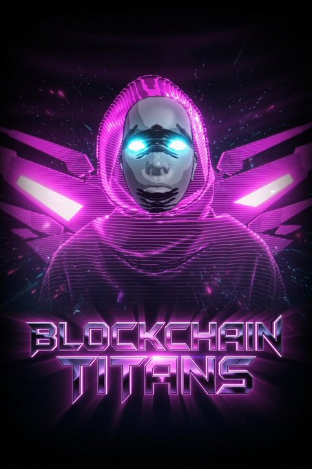 A stylized digital artwork titled 'BLOCKCHAIN TITANS' featuring a hooded figure with glowing cyan eyes against a purple and black background.