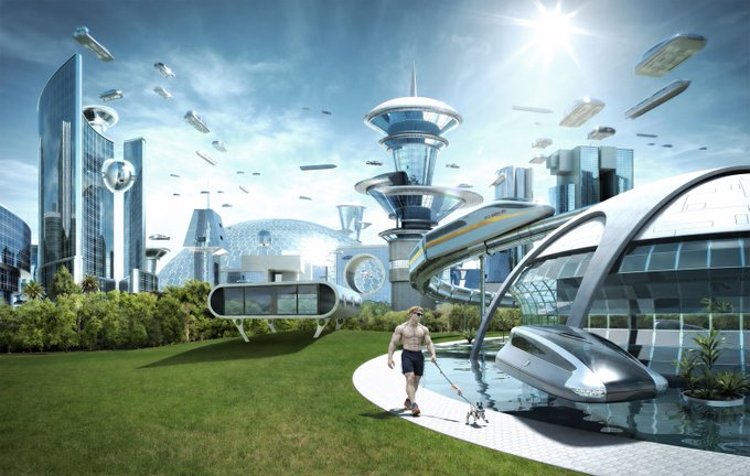 A futuristic cityscape features a shirtless man walking a small dog along a curved pathway, surrounded by sleek futuristic skyscrapers, floating vehicles, and advanced structures under a bright sun. The image symbolizes an idealized, organic existence—peaceful and unhindered—contrasting with the artificial, controlling systems of modern markets, mirroring the post's critique of market makers working against organic price movement rather than letting it rise naturally.