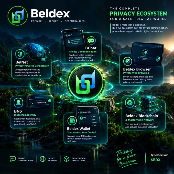 A promotional graphic for Beldex, a 'Complete Privacy Ecosystem' featuring $BDX, showcasing products like BelNet, BChat, Beldex Browser, BNS, Beldex Wallet, and Beldex Blockchain with the tagline 'Privacy for a freer tomorrow' and handle @BeldexCoin.