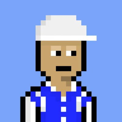 A pixel art portrait of a character with a white cap, a mustache, and a blue shirt against a blue background.