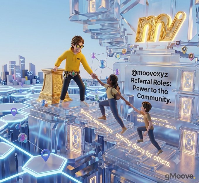 A promotional 3D digital artwork for '@moovexyz' featuring characters on glowing blue platforms with text reading 'Referral Roles: Power to the Community' and 'guiding newcomers...opening doors for others.'