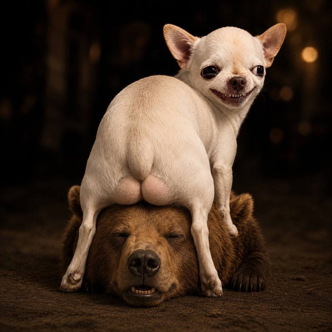 A small, smiling chihuahua stands on top of a brown bear that is lying on the ground with its eyes closed.