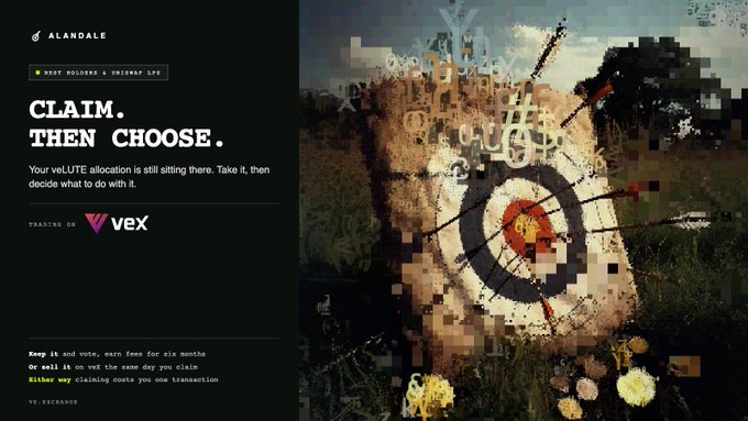 An Alandale promotional graphic featuring the text 'CLAIM. THEN CHOOSE.' with details about a veLITE allocation airdrop and a reference to 've veX', displayed next to a pixelated target with currency symbols.