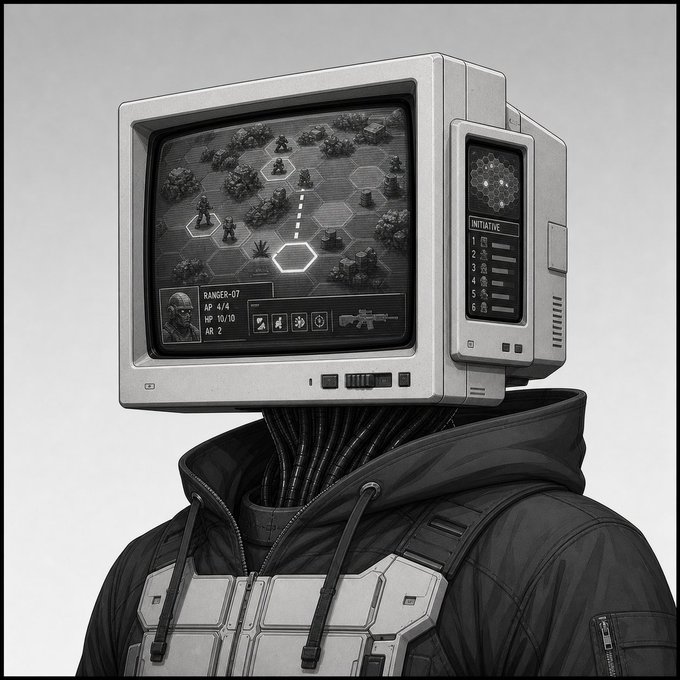 A monochrome illustration depicts a humanoid figure with a CRT monitor for a head, displaying a tactical turn-based game with hex-grid combat, where the screen shows "RANGER-07," "AP 4/4," "HP 10/10," "AR 2," and an initiative tracker. The image ties to the post's "Screenz website will be live today!" announcement by personifying a screen-based character, teasing the project without launching the mint.