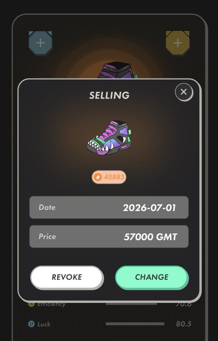 A mobile app interface showing a sneaker NFT listed for sale at 57000 GMT, dated 2026-07-01, with REVOKE and CHANGE options.