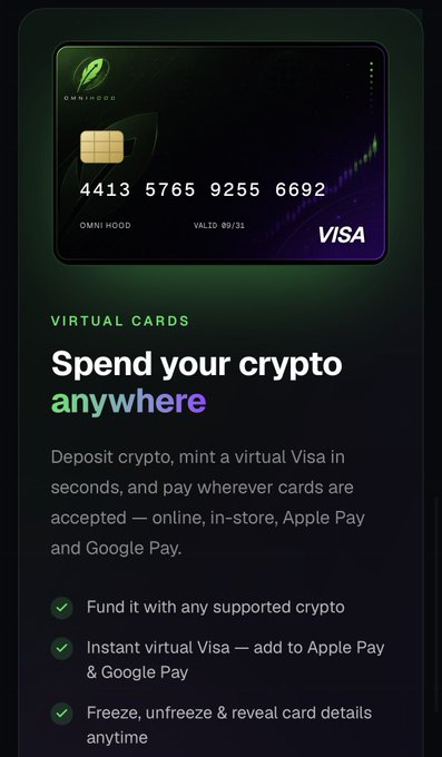Mobile screenshot showing a virtual Visa card branded "OMNIHOOD" with the number 4413 5765 9255 6692, accompanied by text reading "VIRTUAL CARDS" and "Spend your crypto anywhere," listing features like funding with crypto, Apple Pay integration, and card-freezing capabilities.