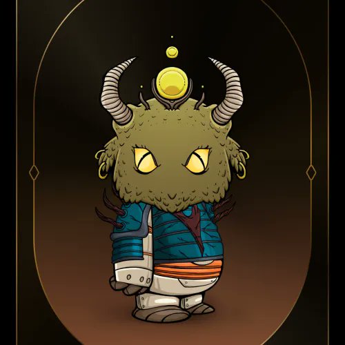 The image features a cartoon character with huge horns, giving it a menacing appearance. The character stands out against a dark background, which emphasizes its size and imposing presence. The relative position of the character appears to be within an enclosure, suggesting that it is in some kind of captivity or confined space. The overall scene gives off an atmosphere of mystery, as it is described as being "bought for 0.787 ETH". This adds a sense of value and rarity to the image, and it could imply that this particular character holds significant importance or power within its context.
