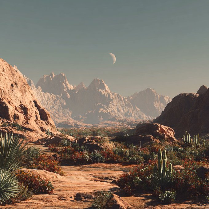 A digital artwork of a desert landscape featuring rocky mountains, cacti, red flowering shrubs, and a crescent moon in a hazy sky.
